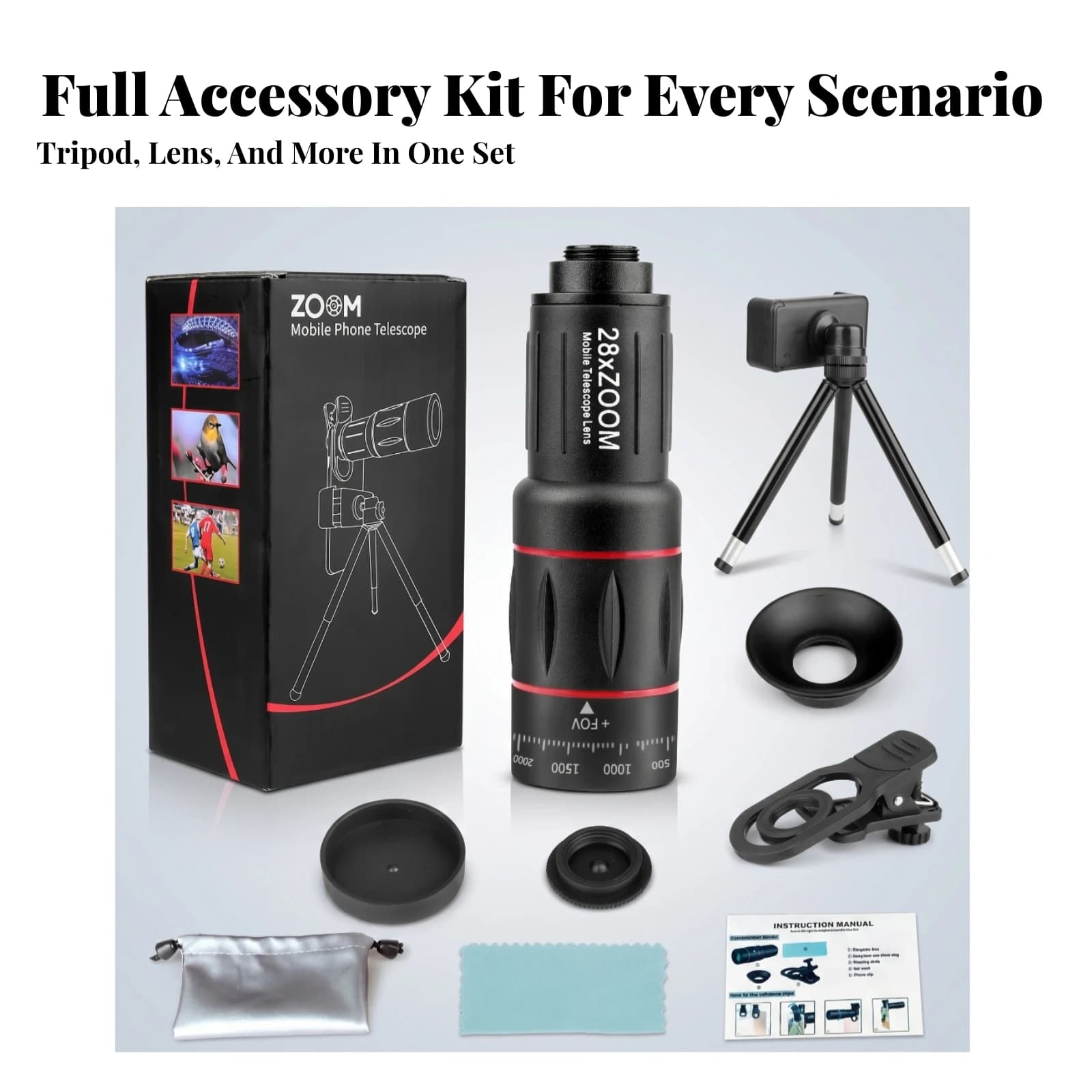 Phone Telephoto Lens Kit High Magnification 28x Zoom Lens Kit Mobile Accessory Tripod Use Optical Glass,Telephoto Camera Lens