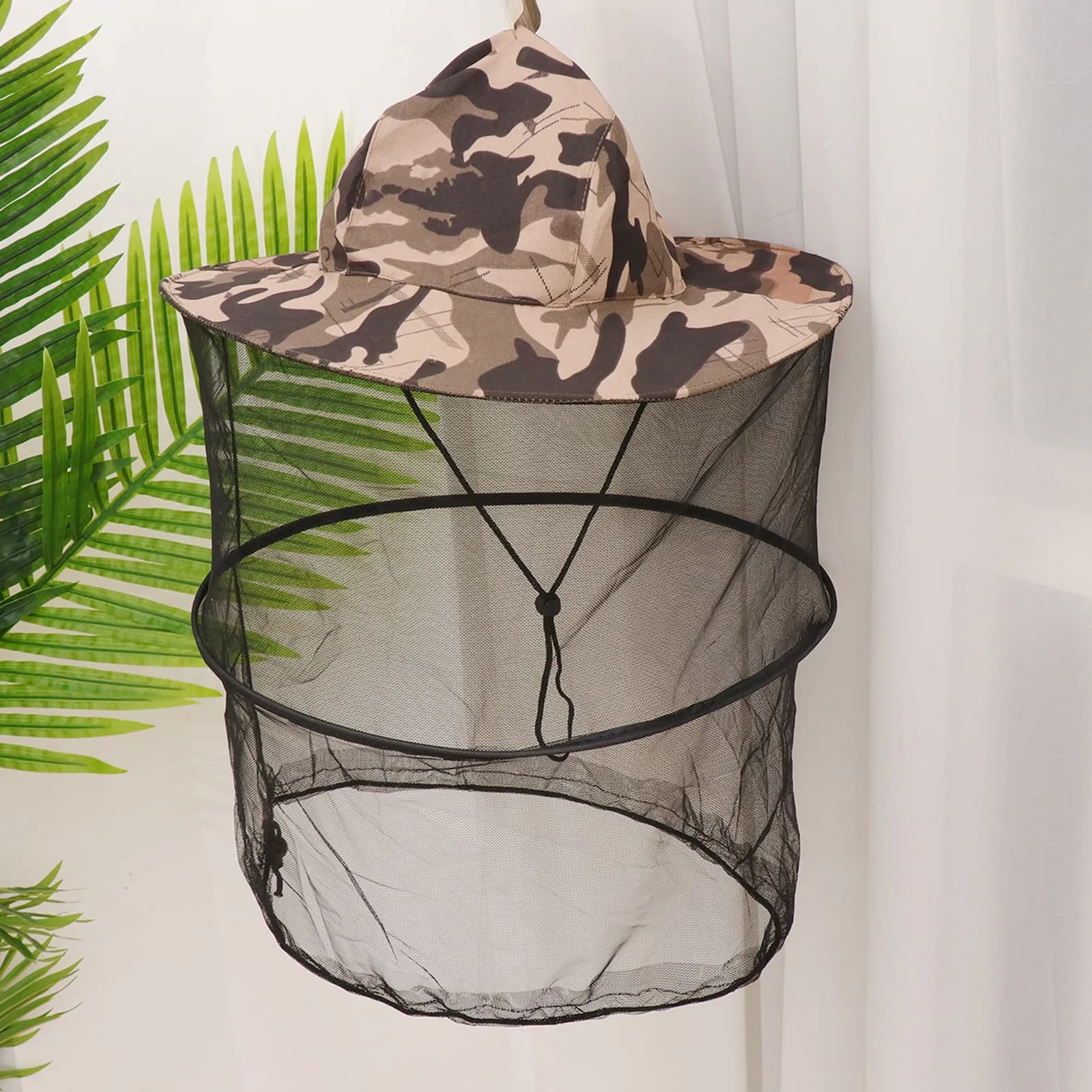 Outdoor Grey Camouflage Anti-Uv Mosquito Net Hat Sunscreen Fishing Headgear for Camping Hiking Hunting Breathable Adjustable