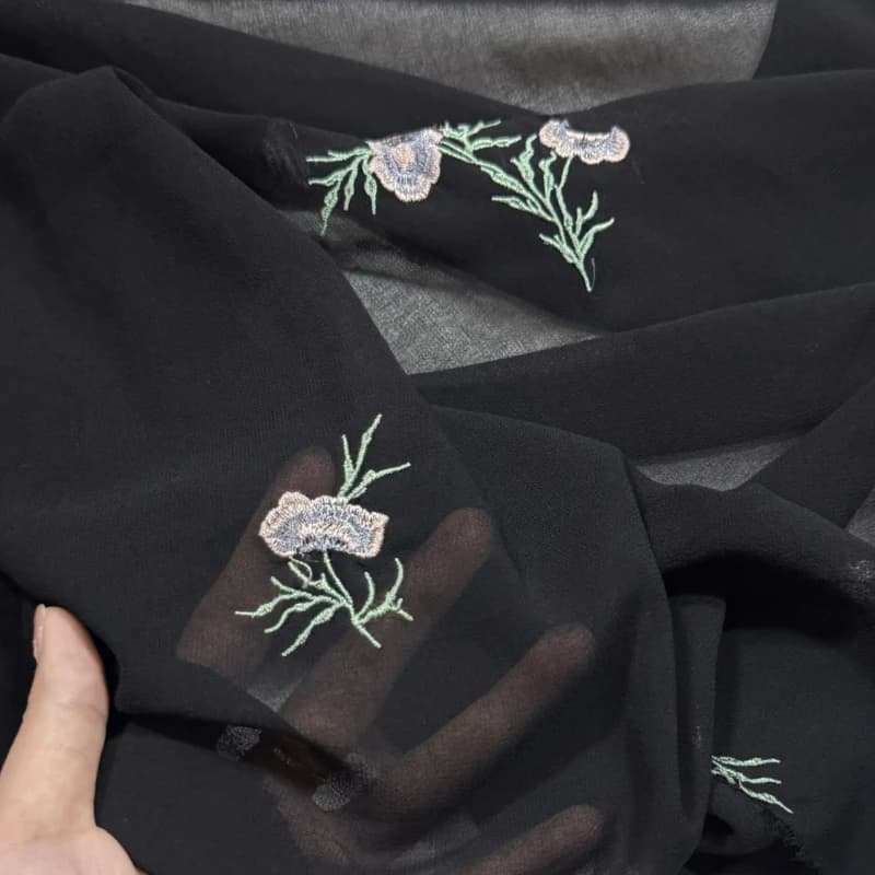 Black Transparent Embroidery Purple Flower Chiffon Fabric Lightweight Breathable Sunscreen Shirt Top Dress Hanfu Summer Fabric