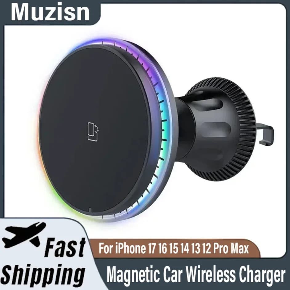Caricatore wireless per auto magnetico RGB da 30 W per iPhone 17 16 15 14 13 12 Supporto per telefono per auto Macsafe Supporto per supporto Stazione di ricarica rapida