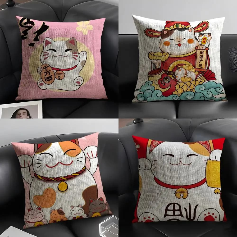 Federa per cuscino con motivo gatto portafortuna in stile cartone animato, stampata, per divano del soggiorno e decorazione della camera da letto