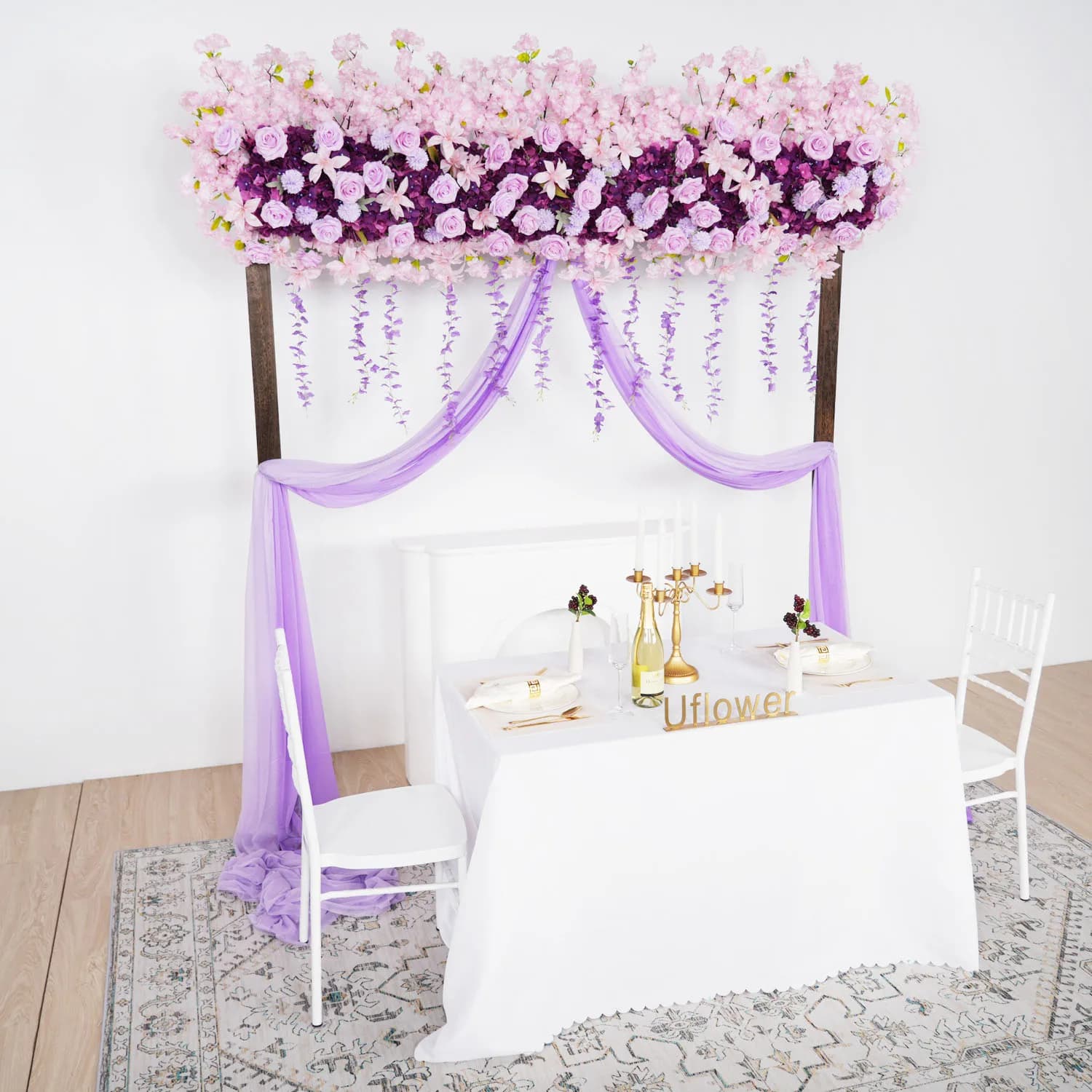 Arco Floreale Uflower 240cm con Rose Bianche e Ortensie, Pianta Artificiale Verde, Sfondo Floreale per Matrimoni, Decorazione per Feste