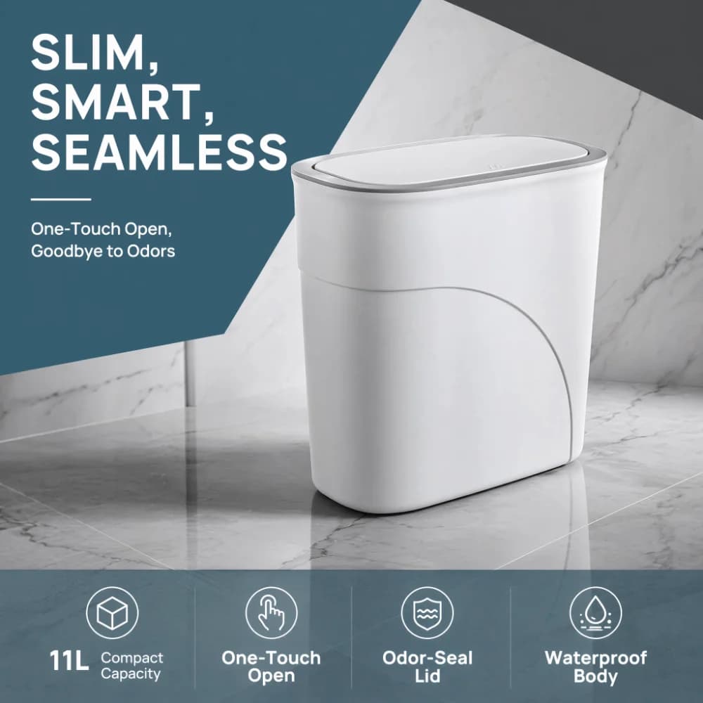 Slim Narrow Gap 11L Bathroom Trash Can Odor-Free Seamless Waterproof Garbage Bin with Lid One-Touch Pop-Up Living Room Dustbin
