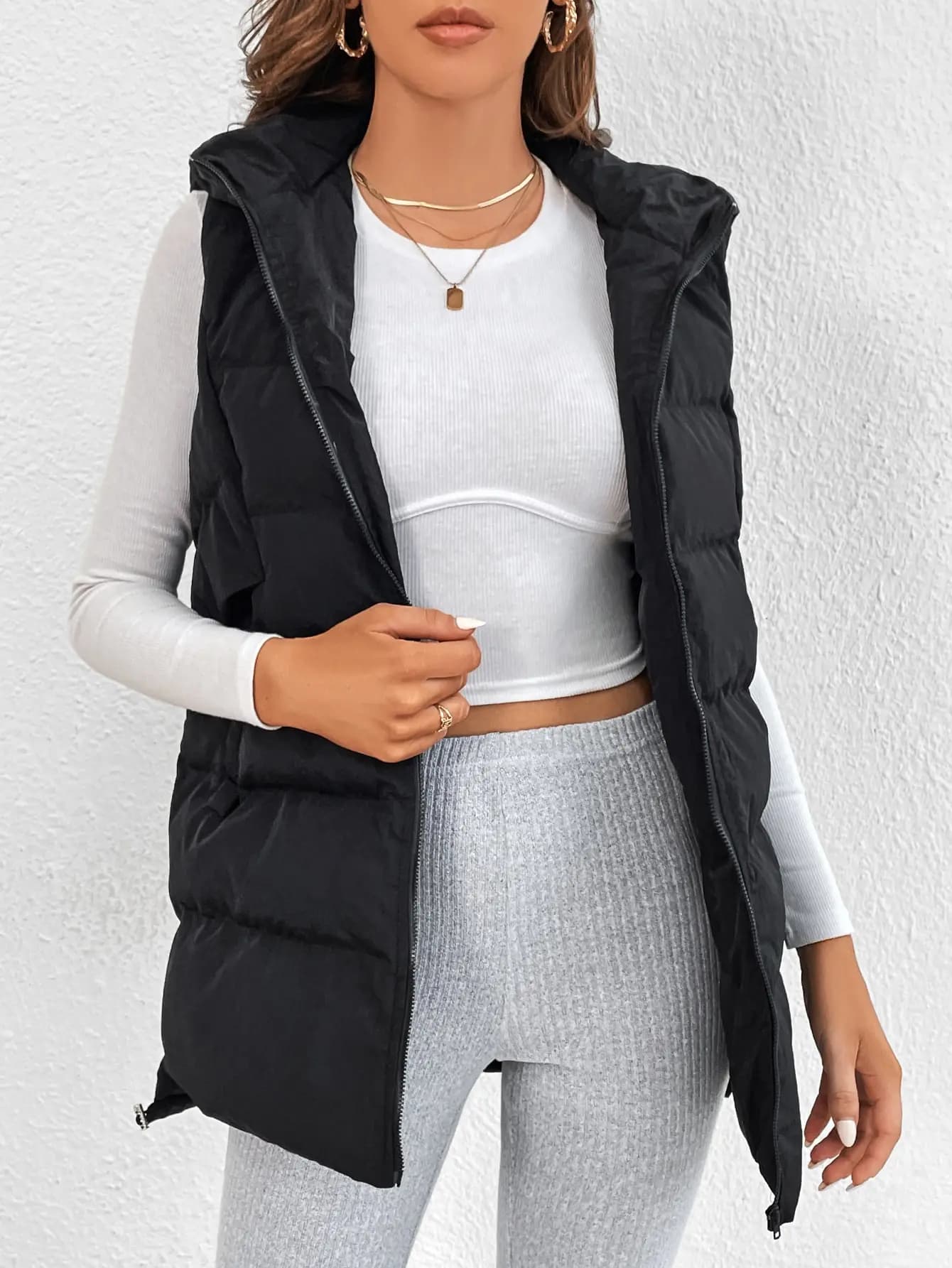 Commercio estero transfrontaliero Europa e Stati Uniti Giacca in cotone tinta unita Cappotto con gilet in cotone con cerniera lunga con cappuccio Donna