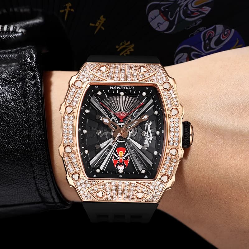 HANBORO Orologio Automatico da Uomo 50mm Tonneau Meccanico da Polso Luminoso con Vetro Zaffiro Impermeabile ​ Trucco viso rotante a 6 facce