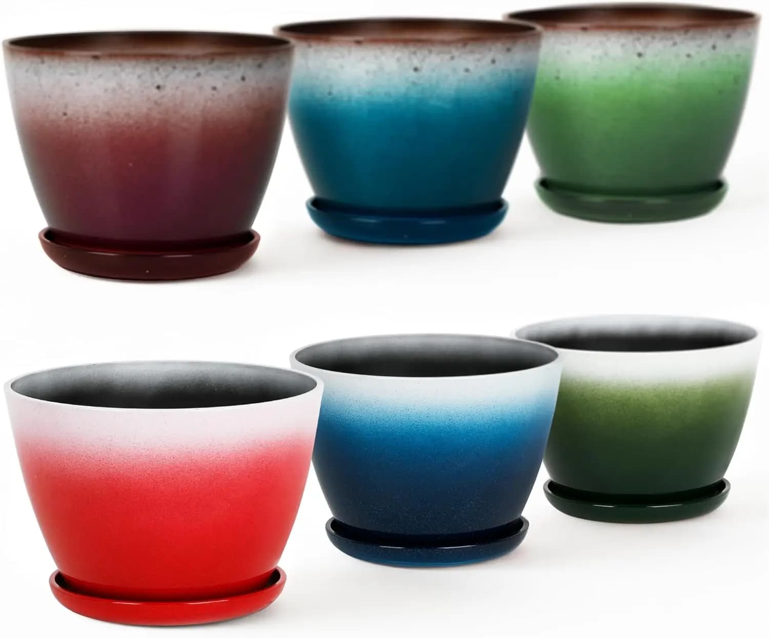 Set di 6 Vasi Rotondi in Plastica da 8 Pollici per Giardino - Piccoli Vasi Multicolore Lucidi con Foro di Drenaggio e Sottovaso - Per Casa