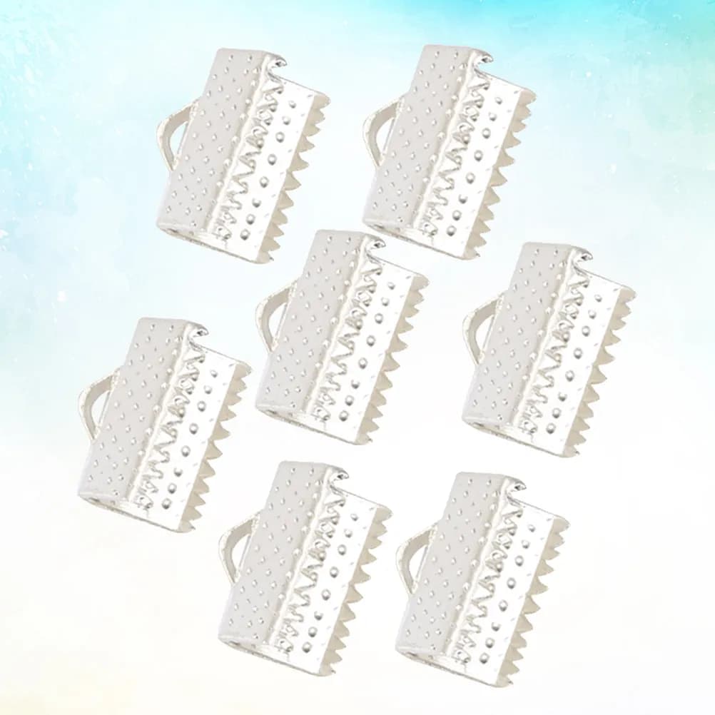 100Pcs 1.6cm Silver Plated Metal Crimp End Clamps Ribbon Fasteners with Loop for Necklace Choker Bracelet Making Arts Crafts DIY