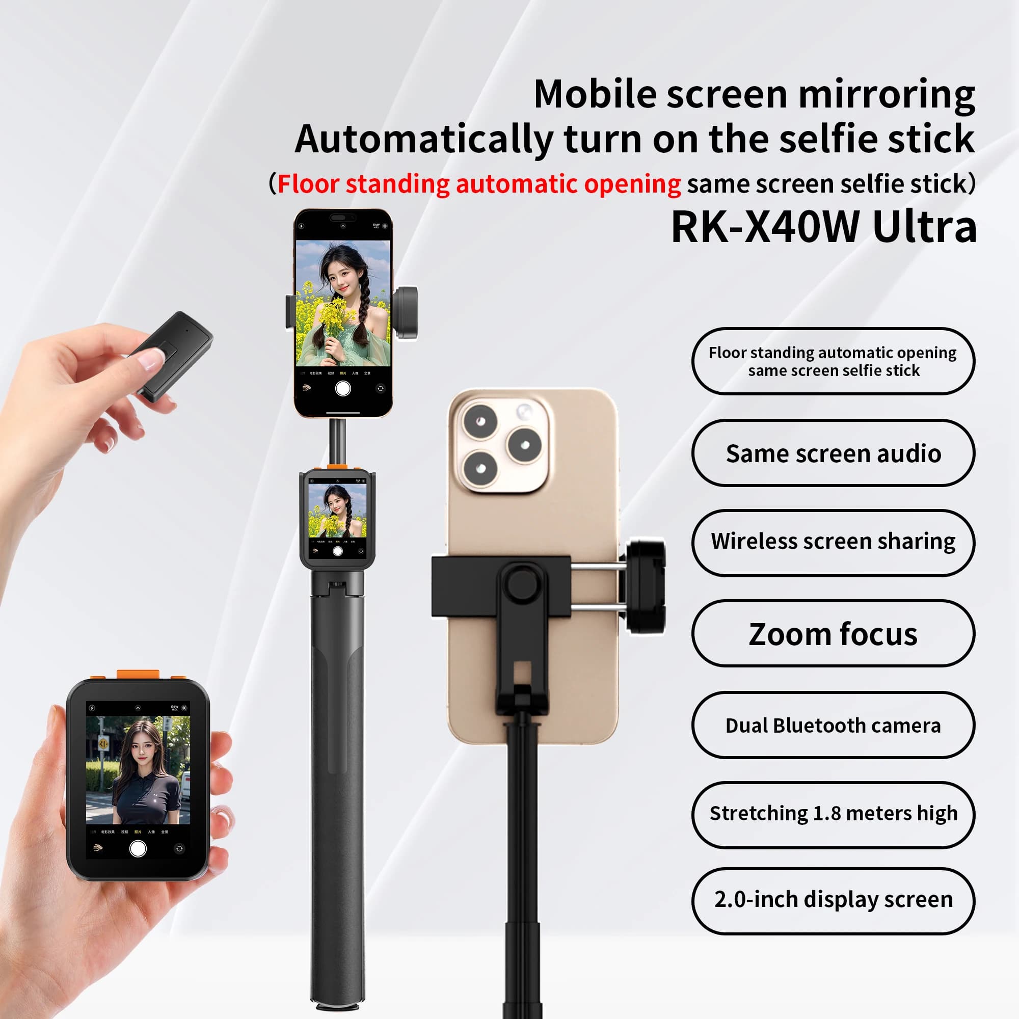 Il selfie stick per telefono cellulare RK-X40W ultra si apre automaticamente quando le terreni Bastone selfie per condivisione dello schermo con telecomando Bluetooth