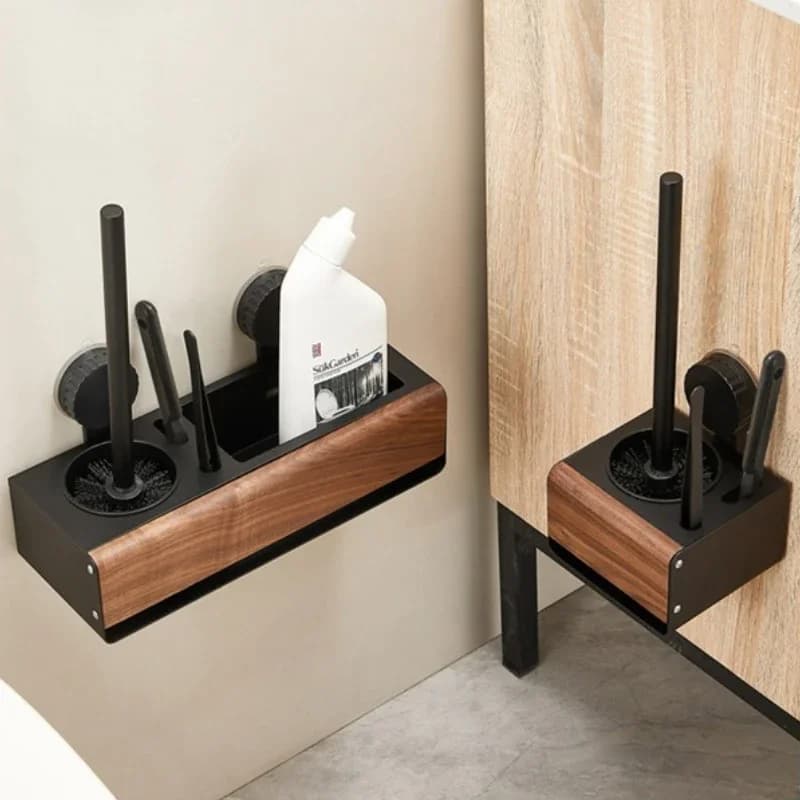 Suction Cup Walnut Toilet Brush Wall-Mounted, Dead-Angle-Free Bathroom Toilet Brush Hole-Free Installation
