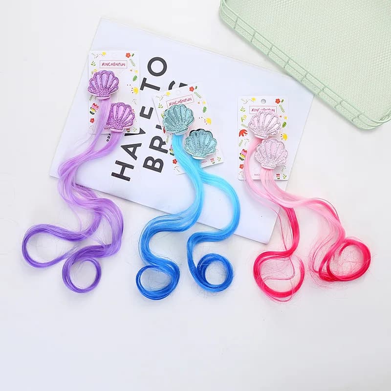 2Pcs New Princess Shell Multicolour Wig Girls Hairpins Cute Children Headwear Hairgrip Hair Clips Barrettes Hair Accessories
