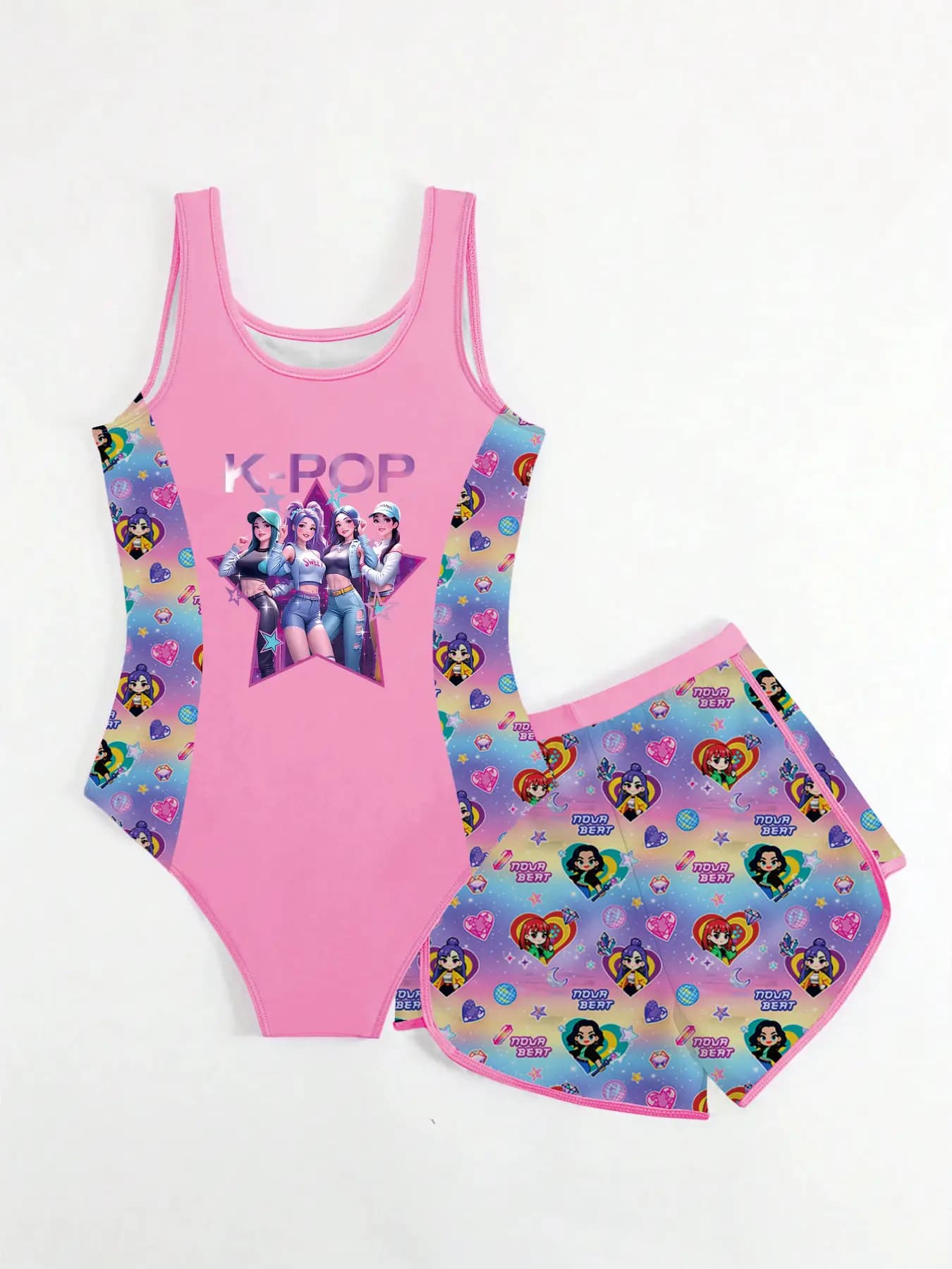 Costume da bagno intero UPF 50+ con stampa K-POP Anime Girl Group per bambine, set 2 pezzi con pantaloncini copricostume, ad asciugatura rapida per l'estate, la spiaggia e la piscina