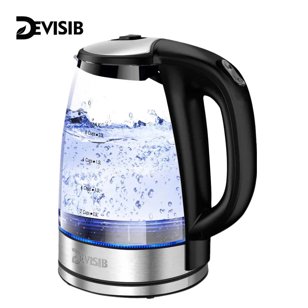 DEVISIB Electric kettle 2 liters capacity greater 2200 W LED indicator Removable filter Glass body Ideal for coffee Tea Hot water boiler