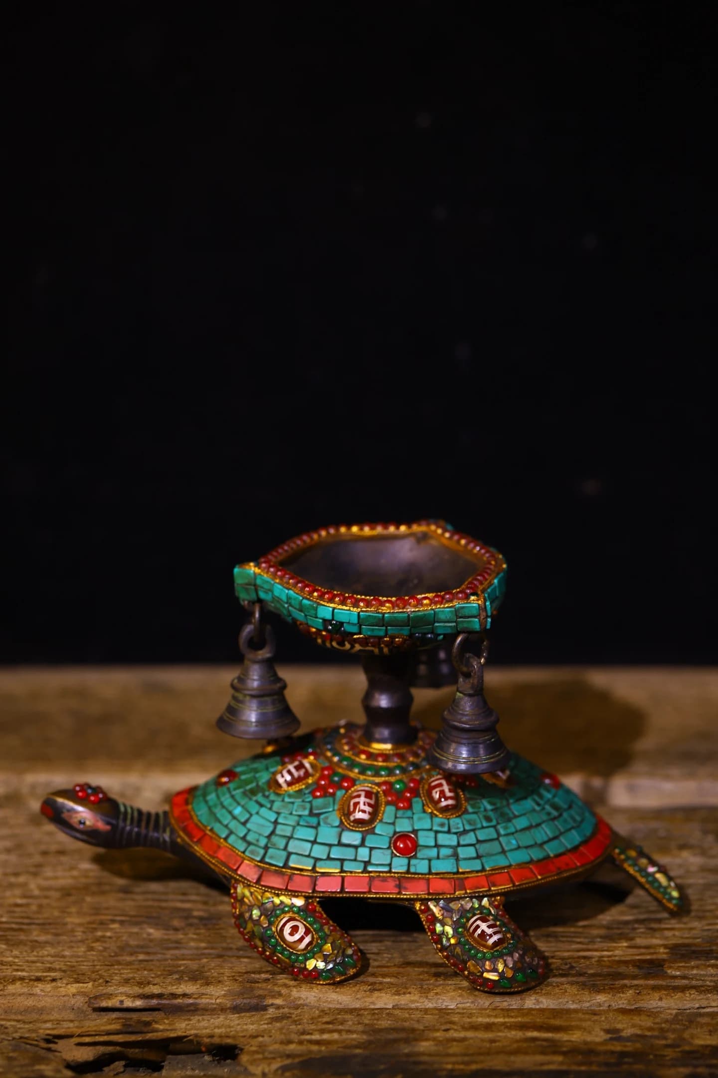 5"Tibetan Temple Collection Old Bronze Painted Mosaic Gem gZi Beads Turquoise Oil Lamp Buddha Bell Turtle Statue Worship Hall