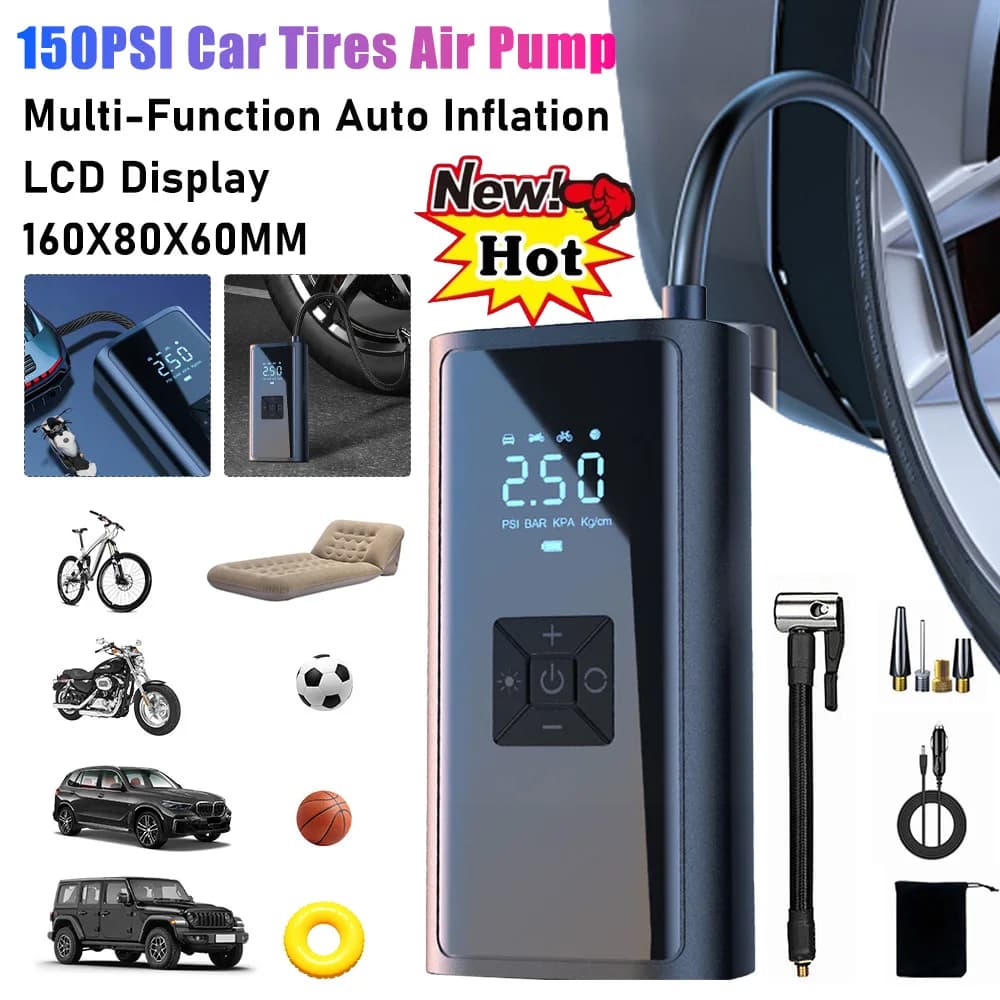 Pompa per pneumatici elettrica 150PSI con luce a LED Pompa di aria wireless portatile Compressore d'aria Pompa di gonfiaggio per auto elettrica Accessori per bici