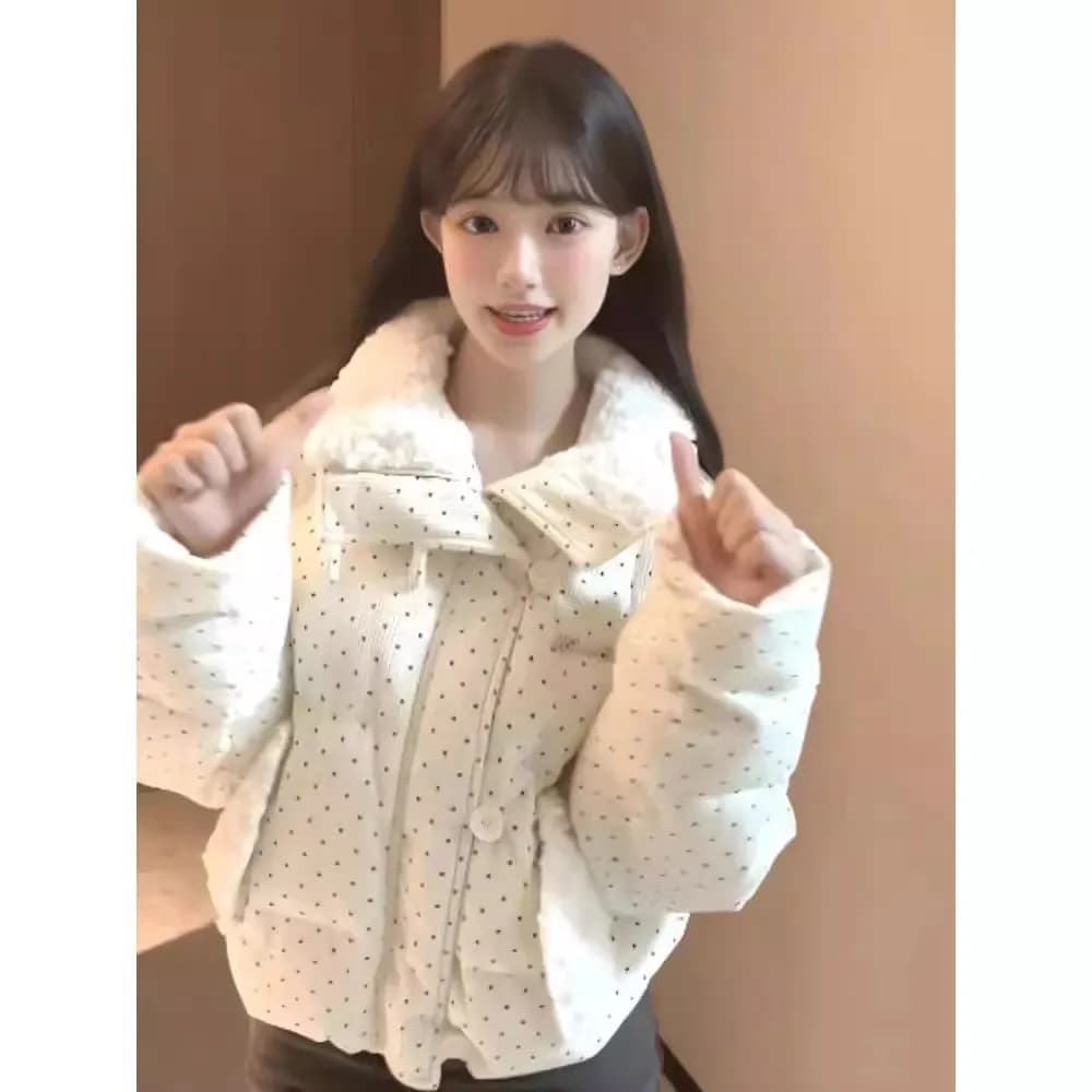 Giacca in cotone stile coreano con colletto in pelliccia a pois, calda e spessa, corta, da donna, per l'inverno
