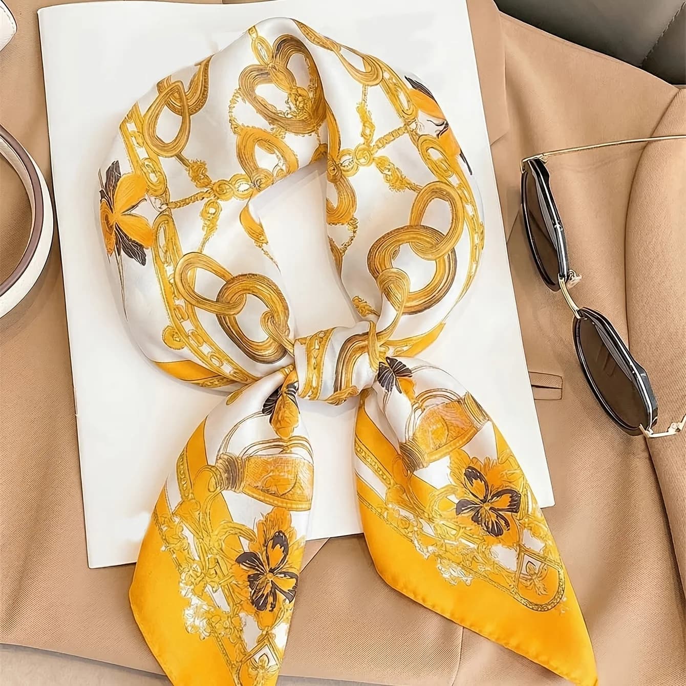 Ladies Yellow Gold Chain Square Head Scarf - Luxury Satin Neck Headband Headscarf Bags Accessories