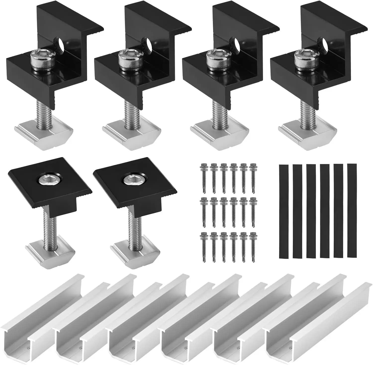 12 Pcs Solar Panel Bracket Kit Aluminium Mounting Rail 30mm/35mm End Clamps Brackets for Flat Roof PV Mounting Rail Black
