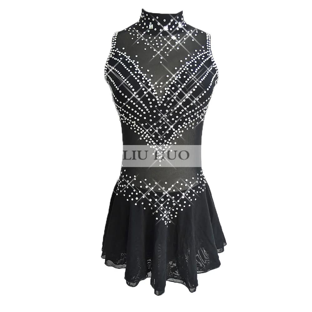 LIUHUO Donna Ragazza Prestazioni Aldult Ginnastica Concorso Body Pattinaggio di Figura sul Ghiaccio Vestito Costume da Ballo Senza Maniche Nero Adolescente