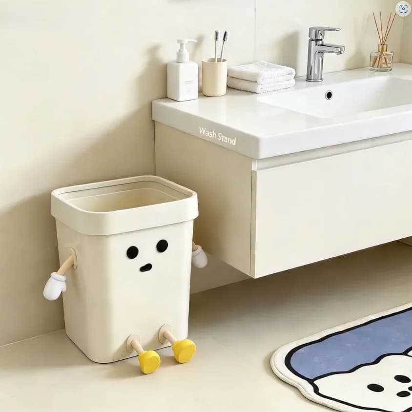 2 Pack 12L Square Cartoon Sitting Trash Can, Fun Character Design Waste Bucket, Medium Garbage Bin for Bedroom, Kitchen, Office & Playroom