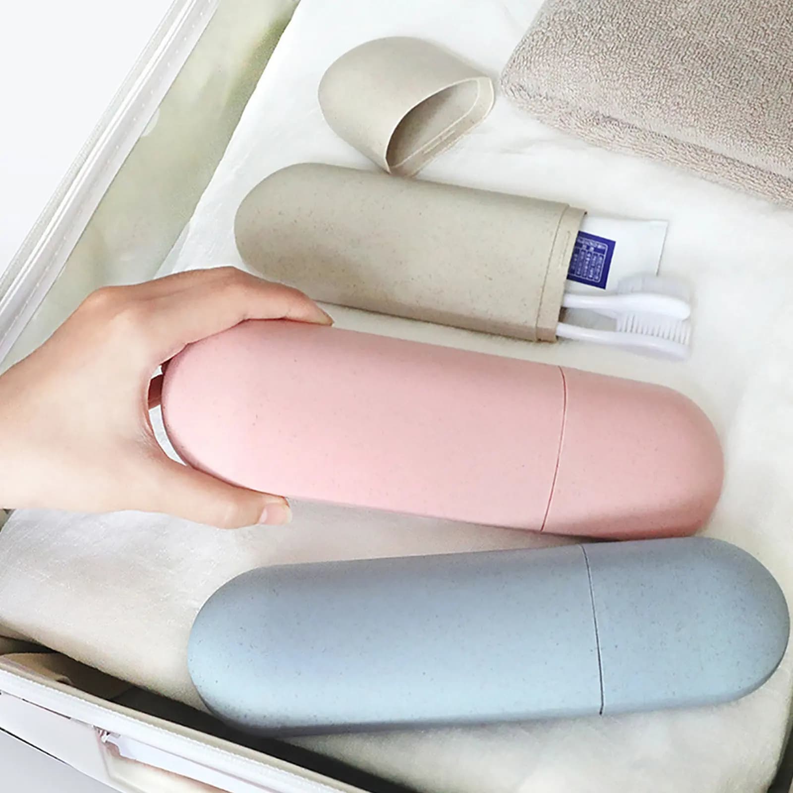 Toothbrush and Toothpaste Holder Portable Wheat Straw PP Case Nordic Beige Travel Storage Box Multipurpose Dental Tools Holder