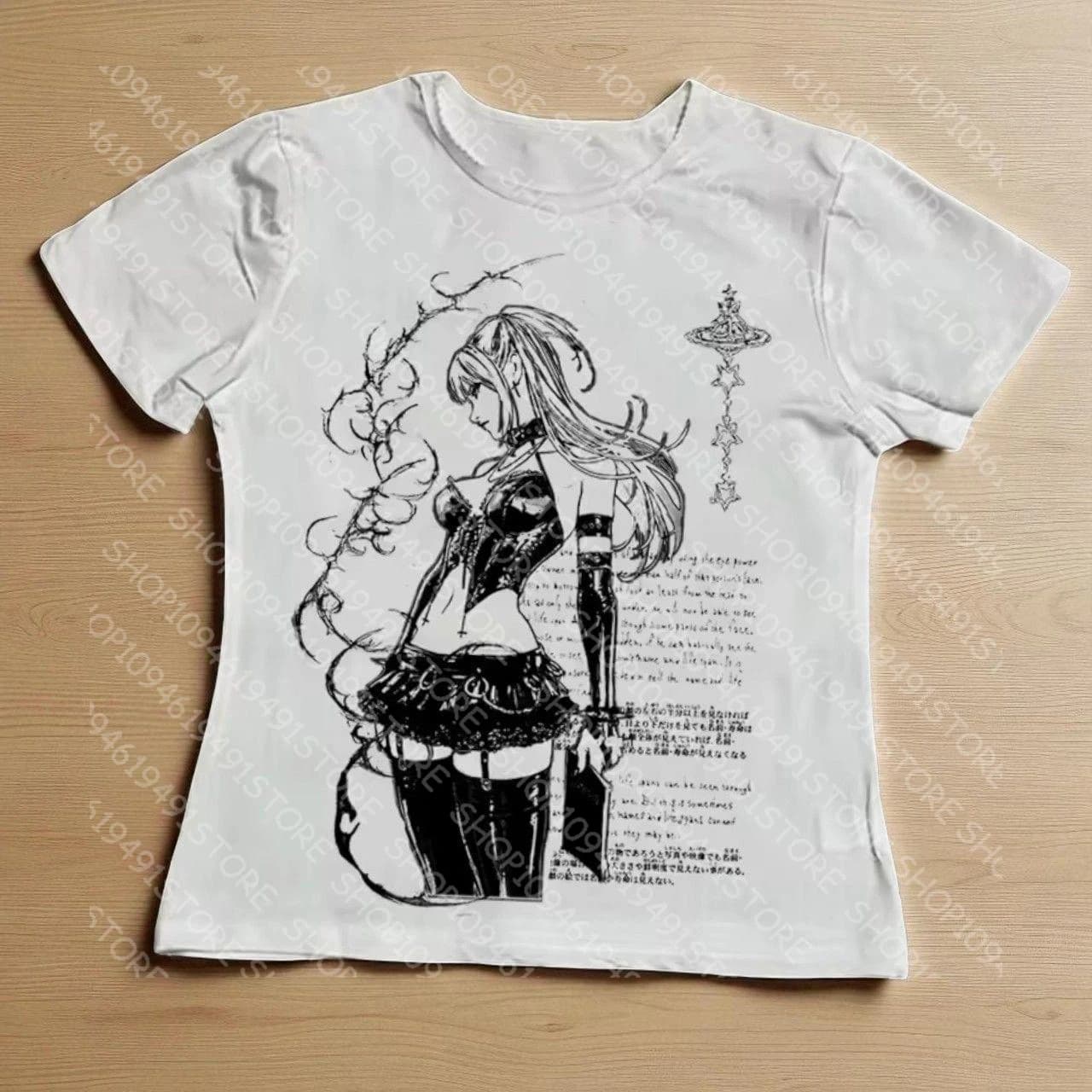 Anime Printing Gothic Punk Streetwear Grunge Aesthetic Vintage Casual Short Sleeve T-Shirt Y2k Style Clothes Emo Gilrs 2000s Top