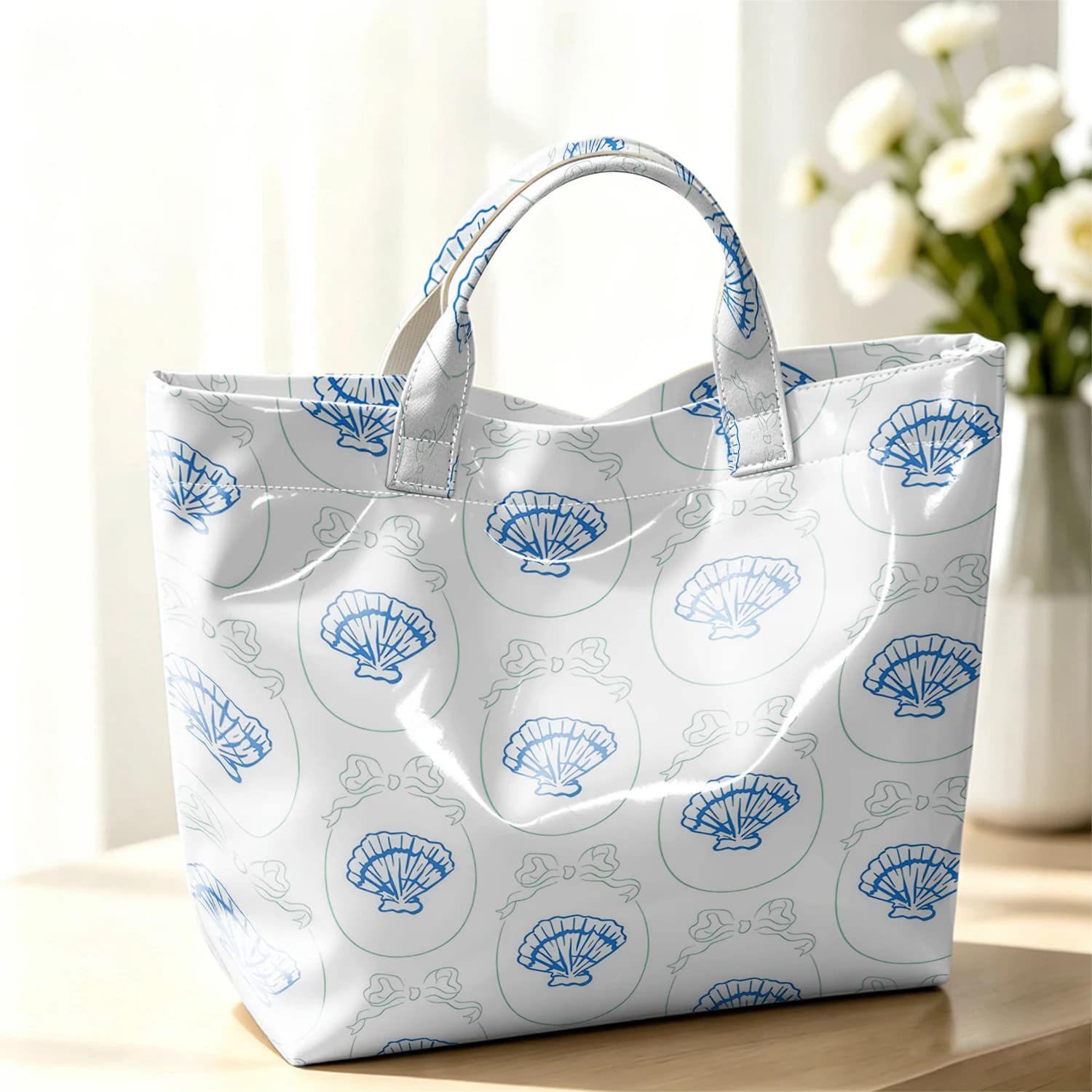 Bow Shell Line Fashion Large Glossy PVC Tote Bag Hand Washable Waterproof Perfect Travel Commute Cosmetic Storage Shopper