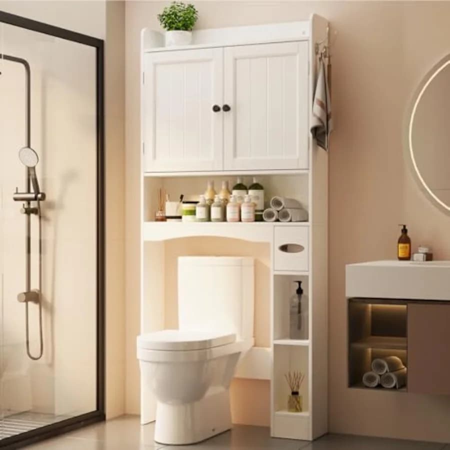 Mobiletto Sopra WC 32.3 W Bianco, Organizer Bagno con Ante, Ripiani Regolabili, Porta Carta Igienica, 2 Ganci Laterali