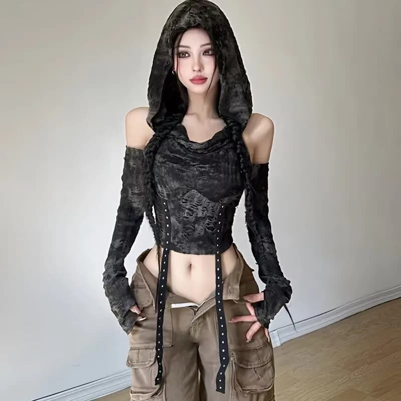 Shibuya Style Spicy Girl Y2k Top con spalle scoperte Felpa con cappuccio slim m Felpe con cappuccio gotiche a maniche lunghe Felpa versatile nera Maglietta da donna