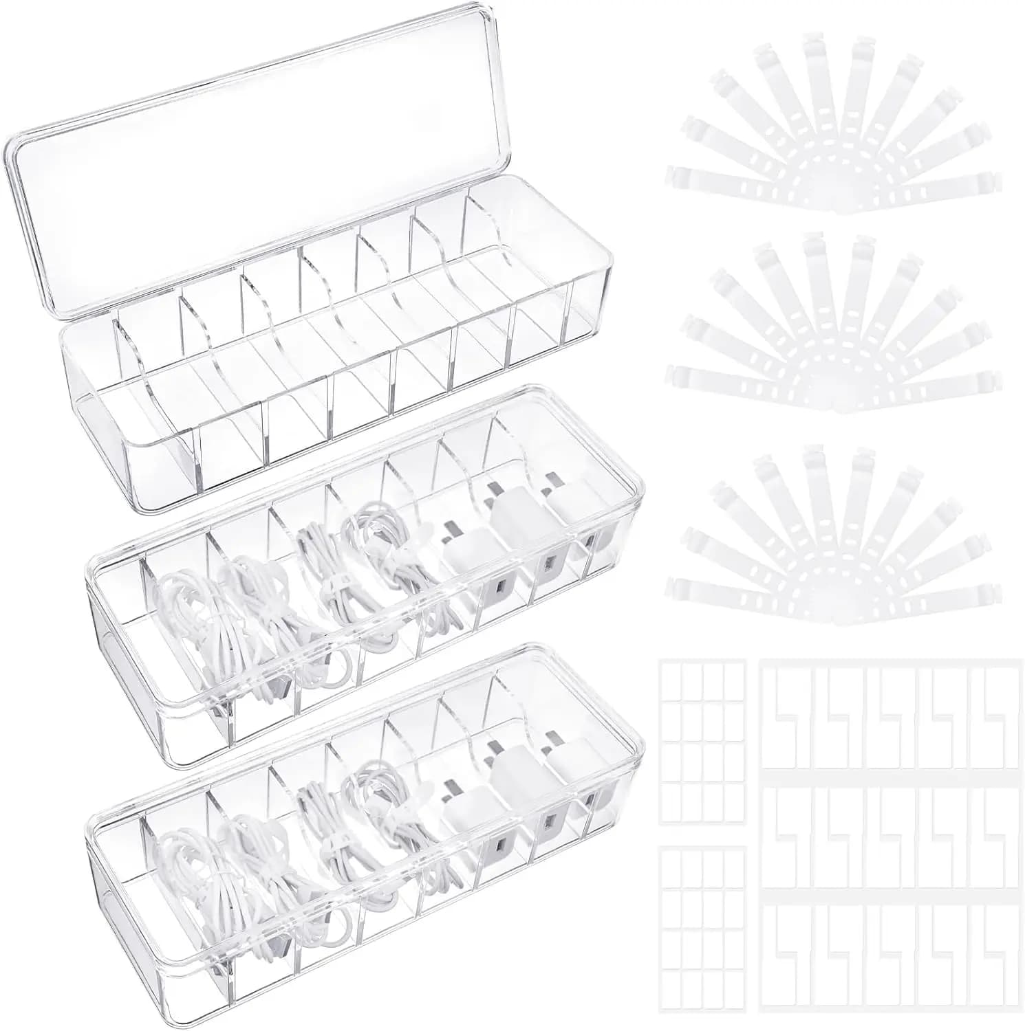 Set di 3 Scatole Trasparenti per Organizzare Cavi con Coperchio, Include 30 Fascette e 62 Etichette per Cassetti della Scrivania