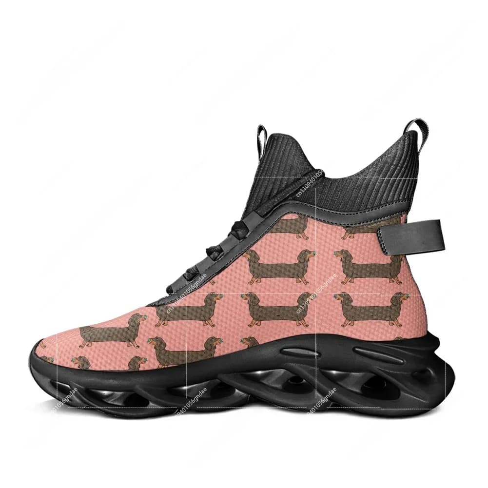 Sneakers alte personalizzate con motivo simpatico cane a forma di salsiccia, da uomo e da donna, per escursioni, viaggi, corsa e tempo libero