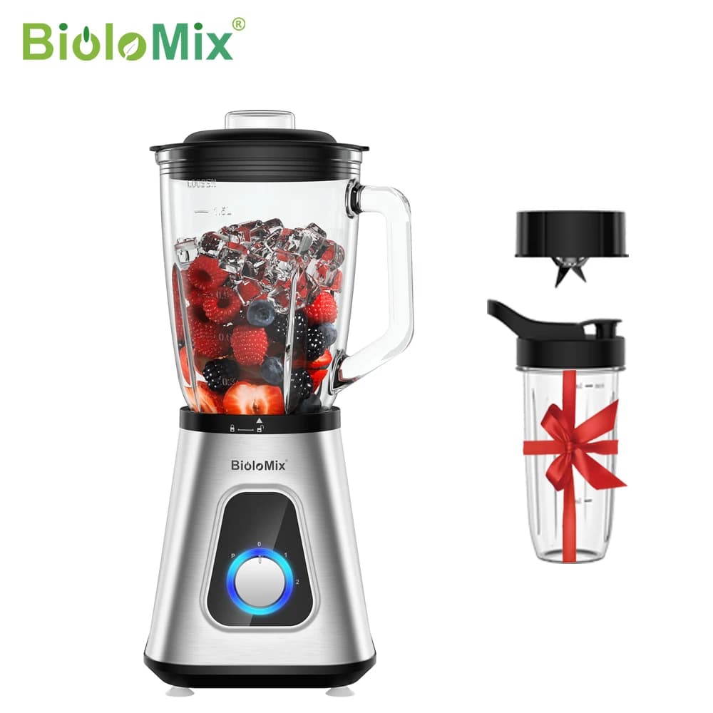Frullatore per frullati BioloMix da 1300 W con barattolo di vetro da 1,5 litri, frullatori personali combinati per bevande alla frutta congelata, salse