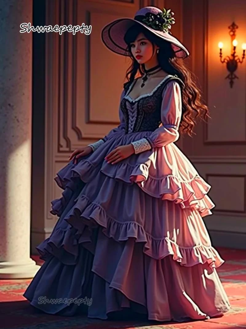 Abito da ballo vintage Victoran viola e nero con maniche lunghe a strati, abito da ballo in raso, costume in maschera personalizzato