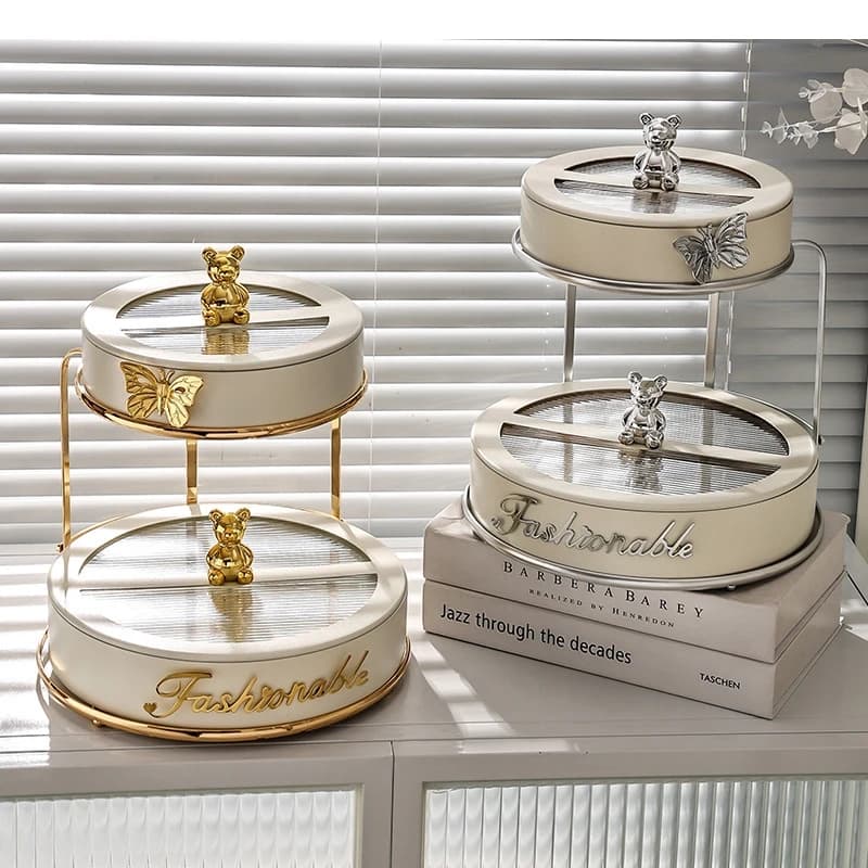 Scatola di frutta secca a 2 strati, portaoggetti in metallo per caramelle, soggiorno, dim sum, snack, organizer, regali per la casa