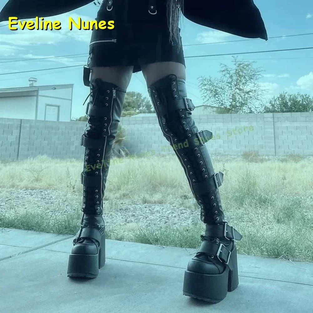 Long boots with plateau with pink belt buckle 2025 New arrivals Y2K Subculture Style Round Toe Thick Sole Patchwork Boots above the knee