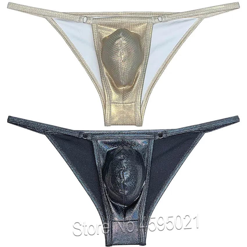 Slip bikini da uomo in similpelle lucida con fianchi aperti, effetto metallizzato, lingerie maschile, con tasca sagomata, modello minimale e setoso, per la spiaggia