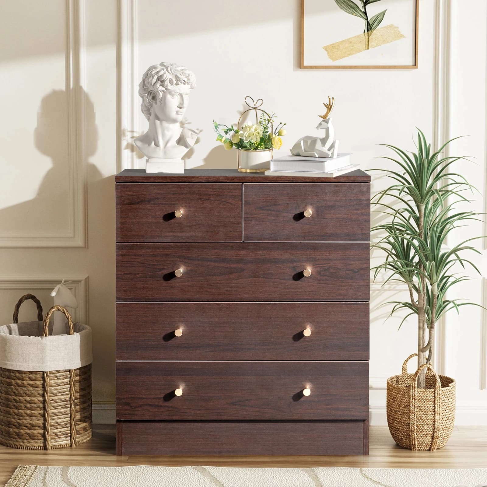 9010 marrone, pannello in truciolato con triamina 66 * 33 * 73 cm, quattro strati e cinque cassetti, cassettiera, maniglia color oro opaco