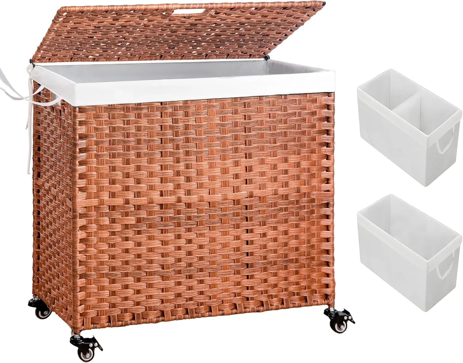 160 Liters Bucato Basket with Cover and Wheels, 2 Parts, Braided Basket with Removable Bags and Manici per Camera e Bagno