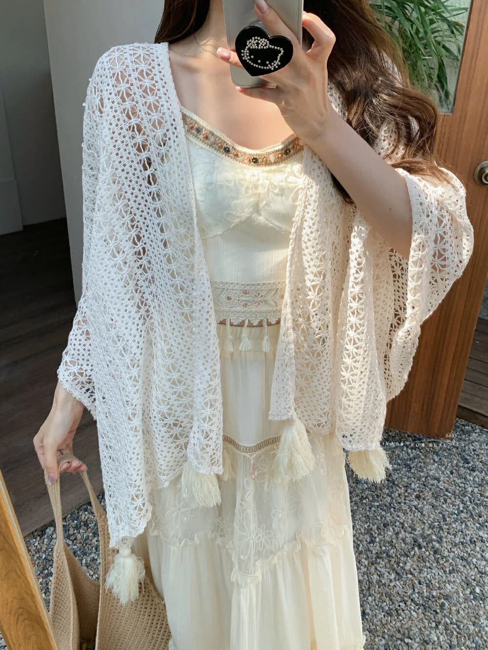 Cardigan Aperto in Maglia con Frange Stile Vacanza Nuovo L6023, Comodo e Casual, in Misto Cotone a Vita Alta, Estivo