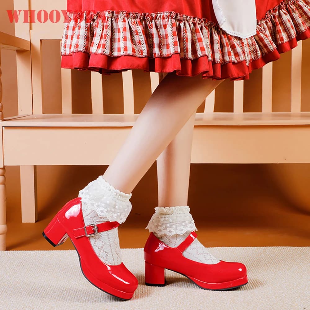 New Sweet Black White Women Casual Pumps Lovely 2 inch Med Sqaure Heels School Lady Dress Shoes Small Big Size 30 46 48