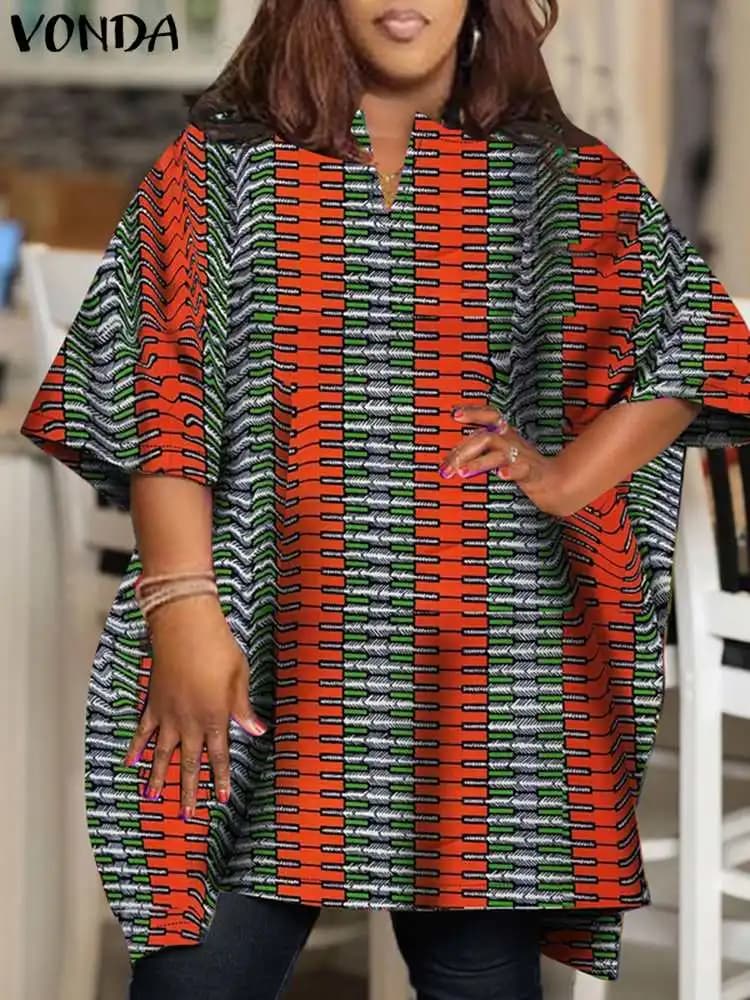 Plus Size VONDA Estate Women's T-shirts and blouses 2024 Short Sleeve Printed Bohemian Vintage Fashion Shirts With V-neck Casual Shirts Trained Oversize