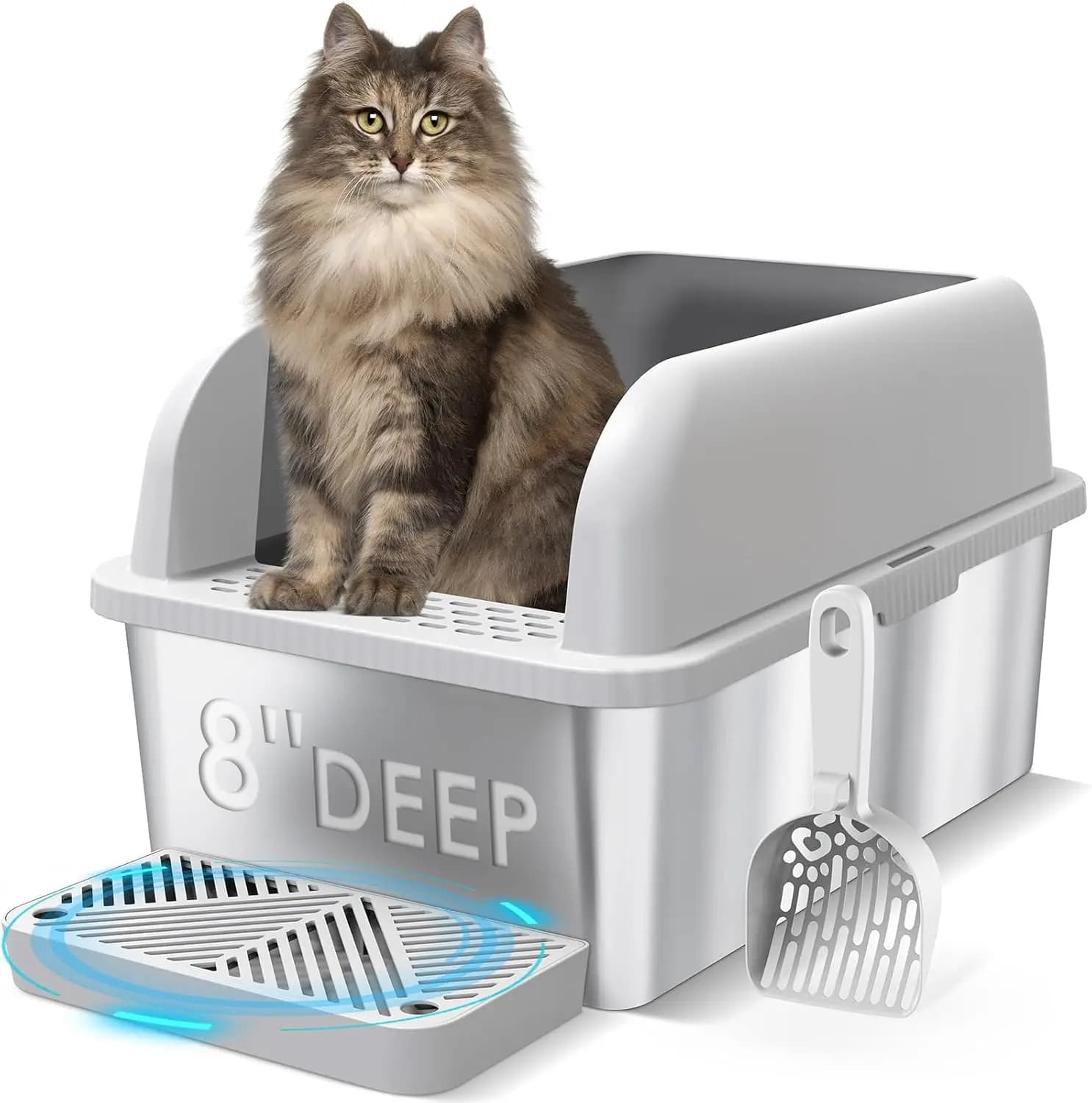 Lettiera per Gatti Extra Large in Acciaio Inossidabile con Coperchio, Pareti Alte per Gatti Grandi, Anti-Perdita e Facile da Pulire
