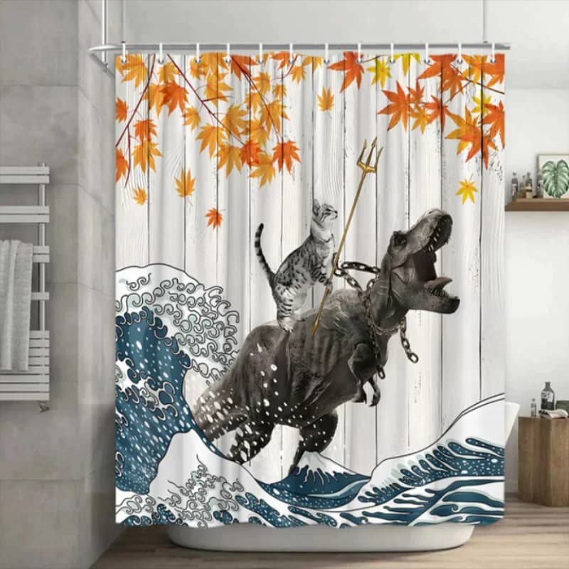 Interesting Cat Riding on Dinosaur with Trident on Children's Bathroom Decoration Polyester Fabric Shower Curtain Set With Hooks