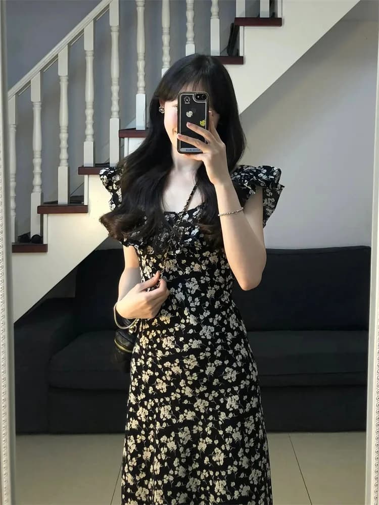 Summer New Black Floral Dress Women's Miniature Waist Slimming Long Skirt Trendy Commute Korean Style A-Line Dress