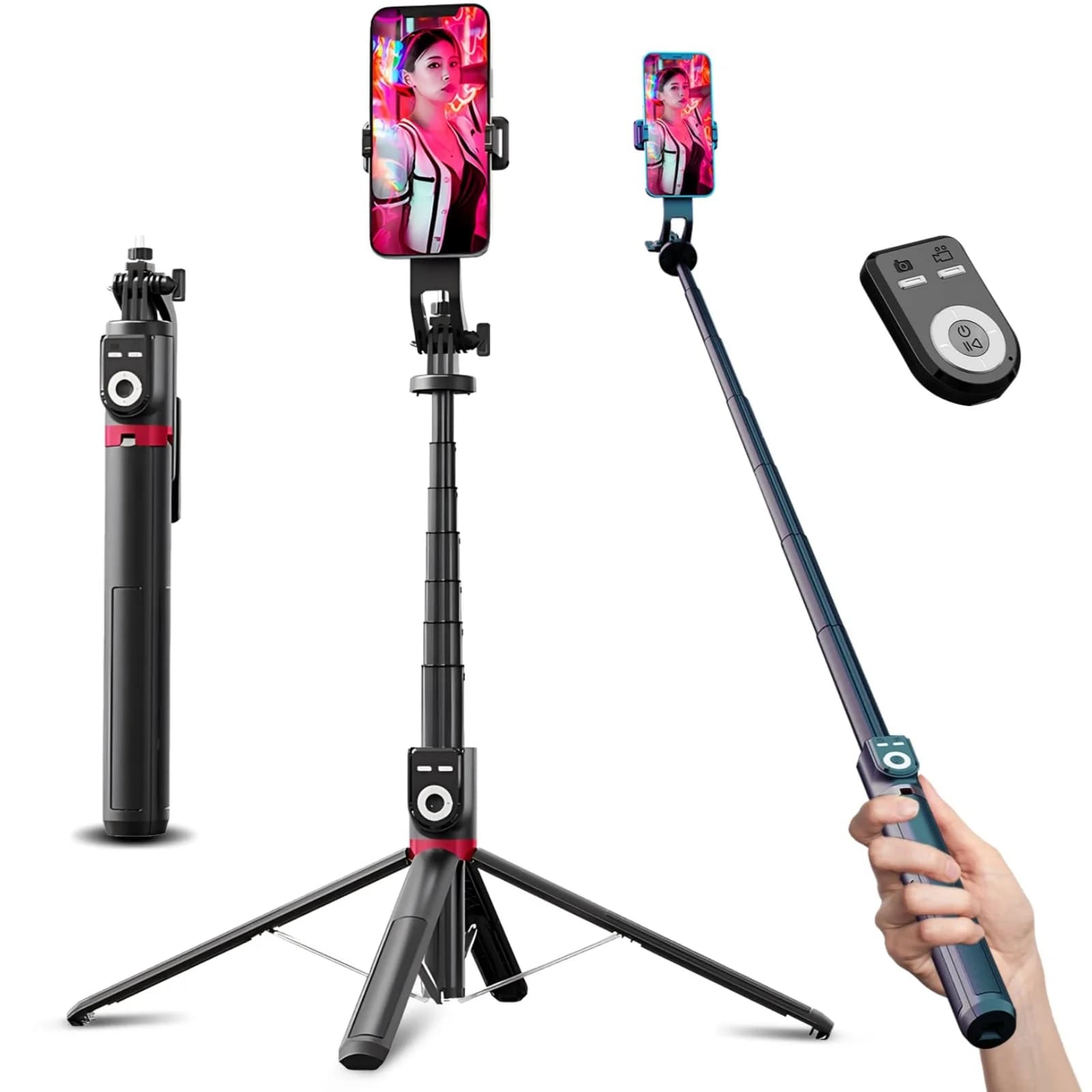 220 Cm Mobile Phone Selfie Stick with Removable Remote Control 360° Rotation Extendable Mobile Phone Quad Tripod Stand
