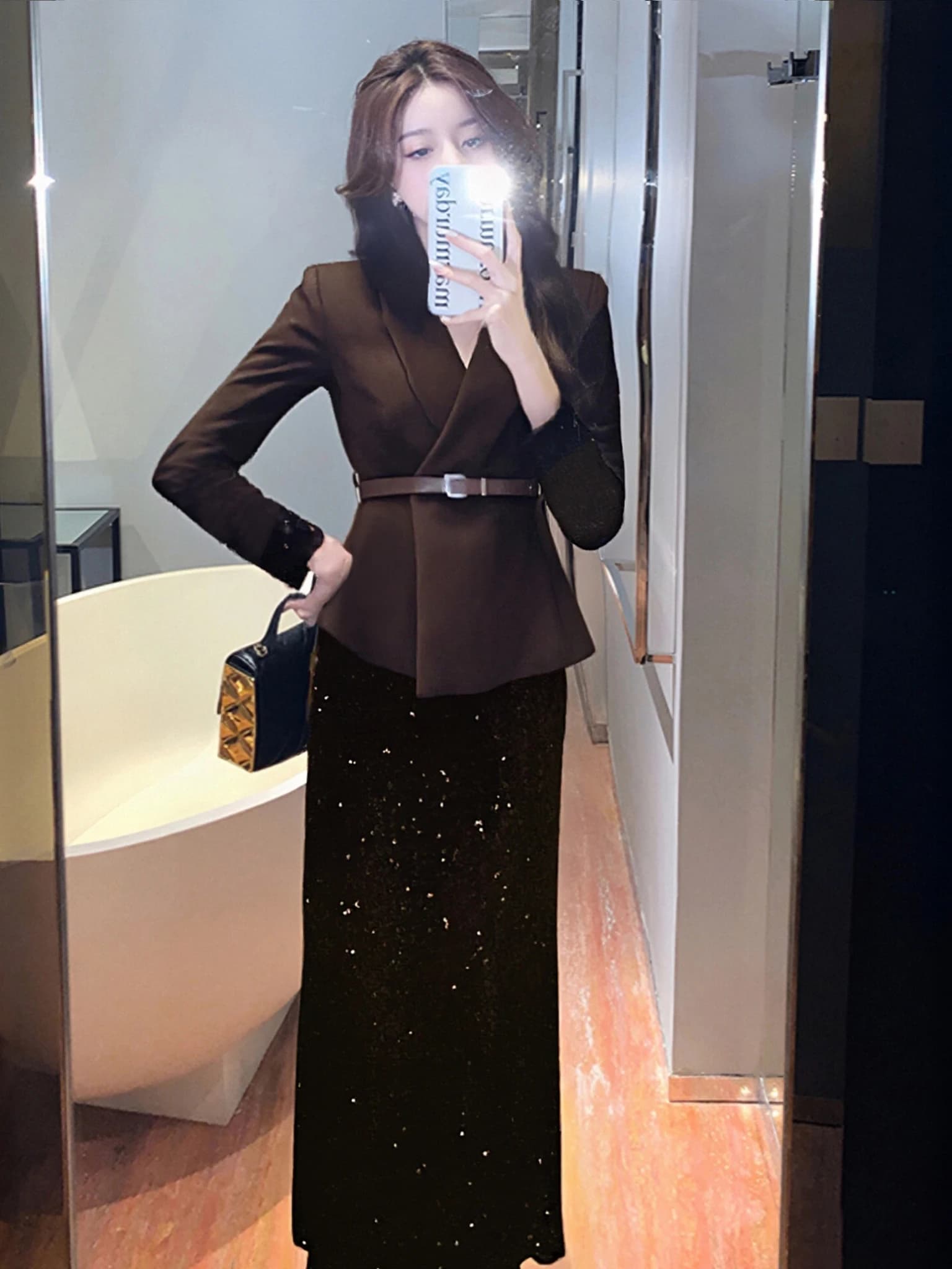 Elegant Celebrity Outfit Shiny Sequin Skirt Set with Belt Two-Piece Suit for Autumn High Waist Business Style V-Neck