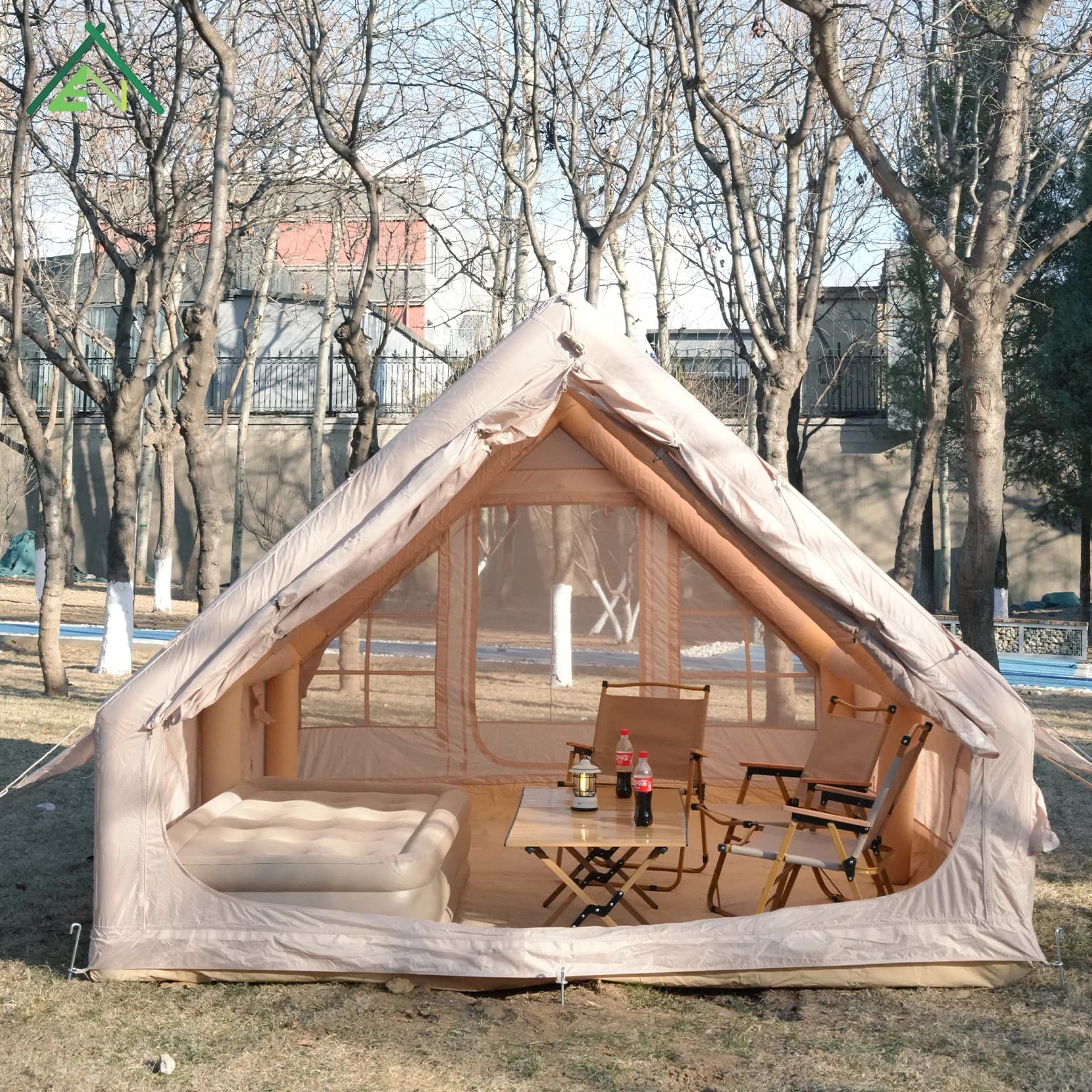 12sqm Inflatable Glamping Tent Waterproof Four-Season Oxford Air Beam Camping Shelter Stove Jack Skylight Spacious