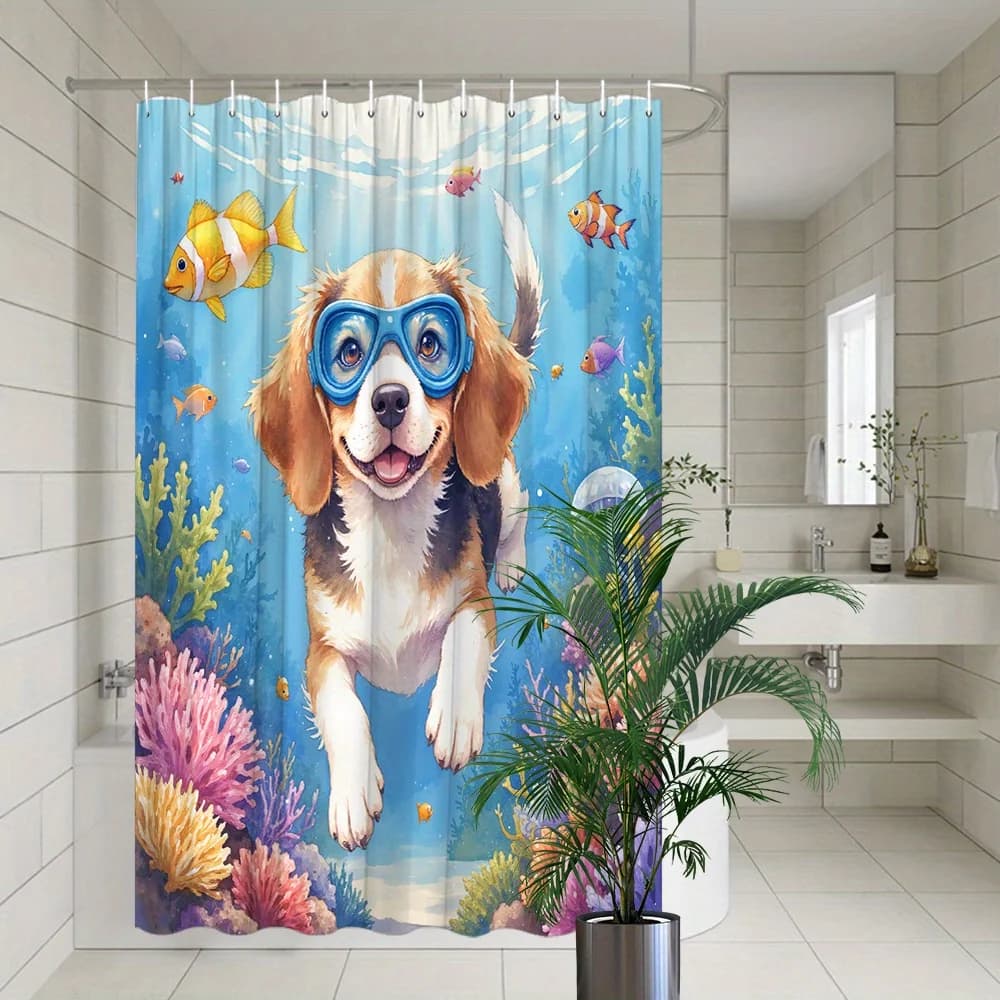 Cartoon Beagle Dog With Diving Goggles Underwater Coral Tropical Fish Blue Ocean Print Shower Curtain Waterproof Mildew Resistan