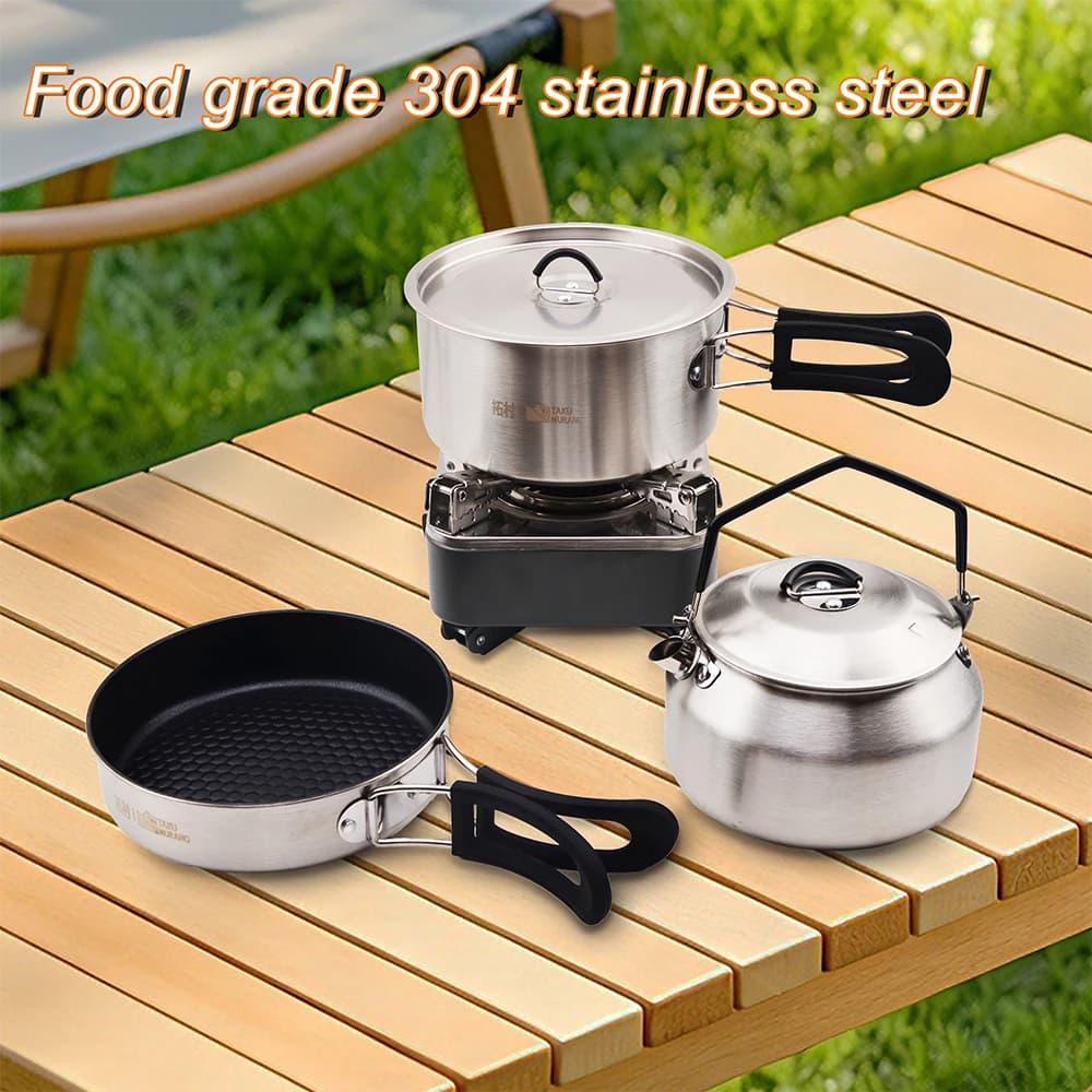 Camping Cookware Set Portable 304 S.S Cookware Kit Outdoor Pot Cooking Water Kettle Pan Set Tableware Hiking Picnic Equipment
