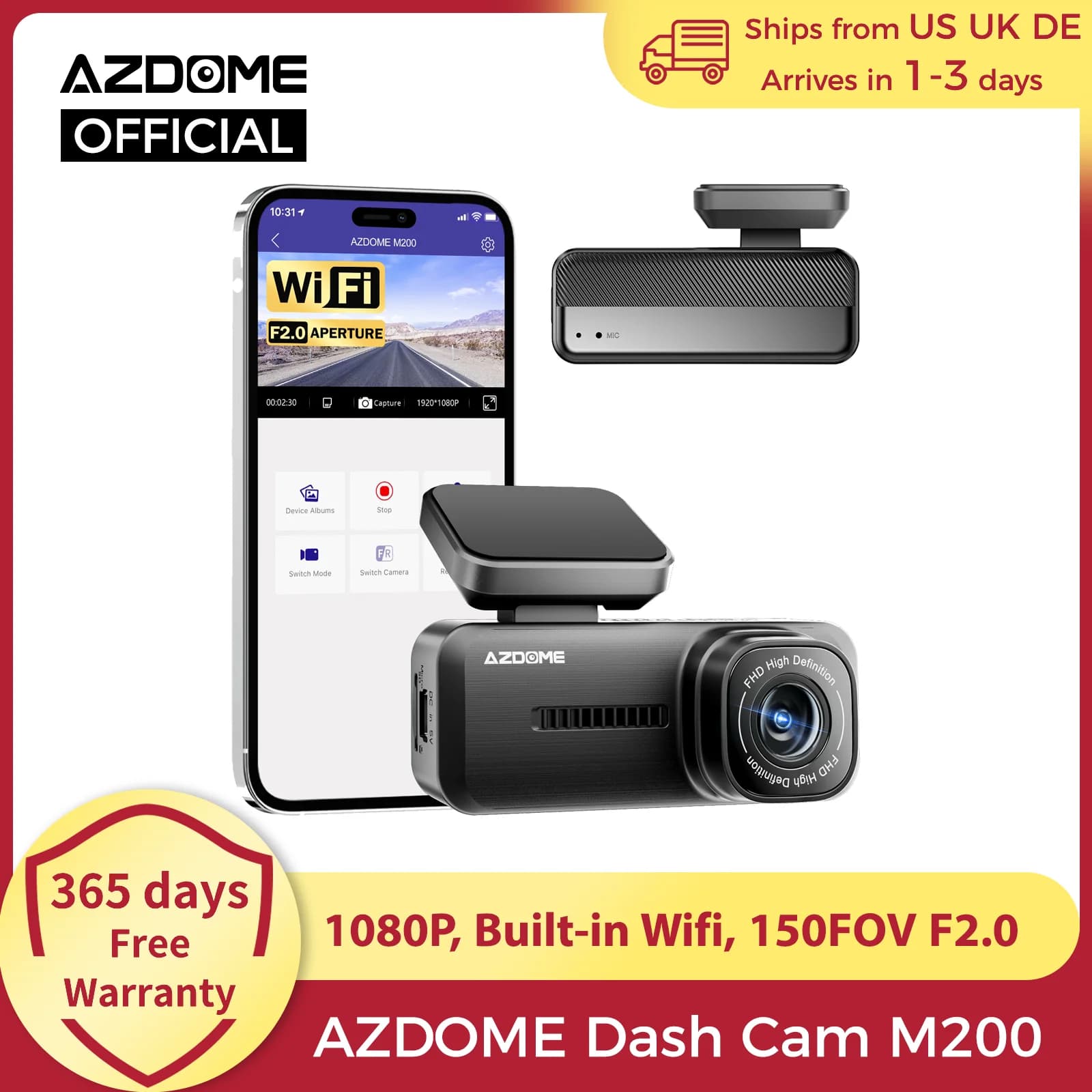 AZDOME Dash Cam M200 1080P Wifi integrato APP Controllo telecamera anteriore per auto nascosta 150FOV F2.0 Registratore DVR per auto 24 ore Monitor di parcheggio