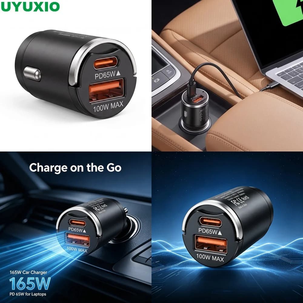 165W High Power Car Charger with 65W USB C and 100W USB A Outputs Compact Zinc Alloy Metal Body for Cars Trucks SUVs and Vans